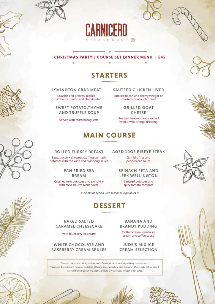 Carnicero Christmas party dinner menu 2023