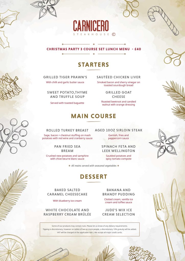 Carnicero Christmas party lunch menu 2023