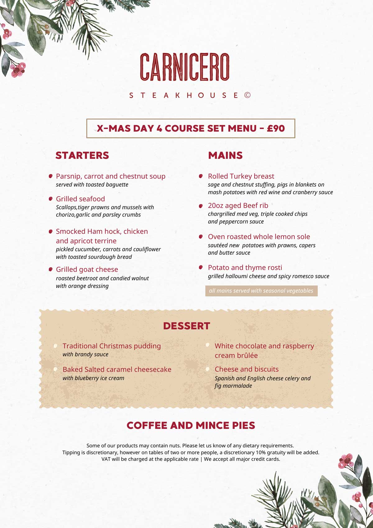 Carnicero Christmas day menu 2023