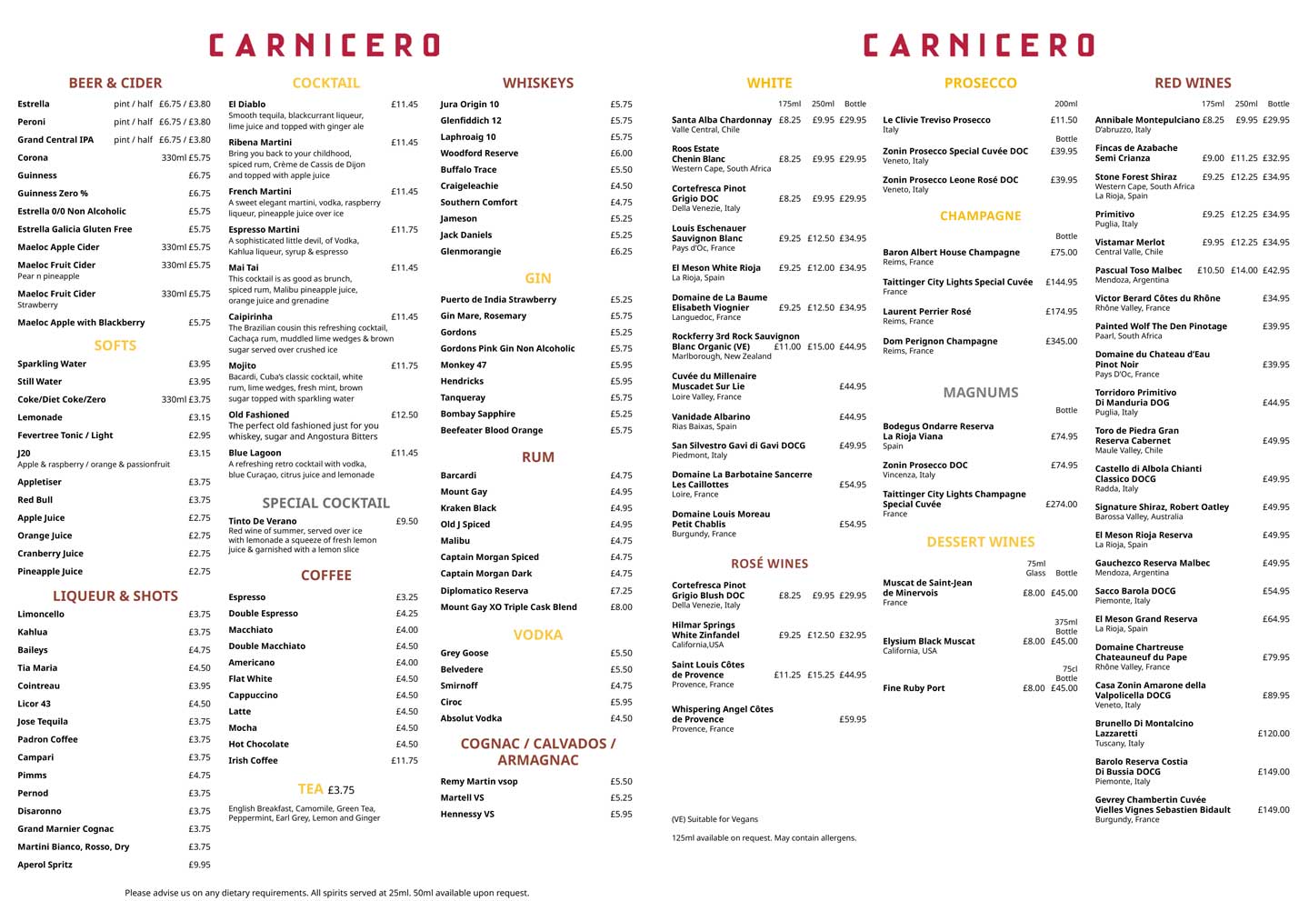 Carnicero New Year's day lunch menu 2024