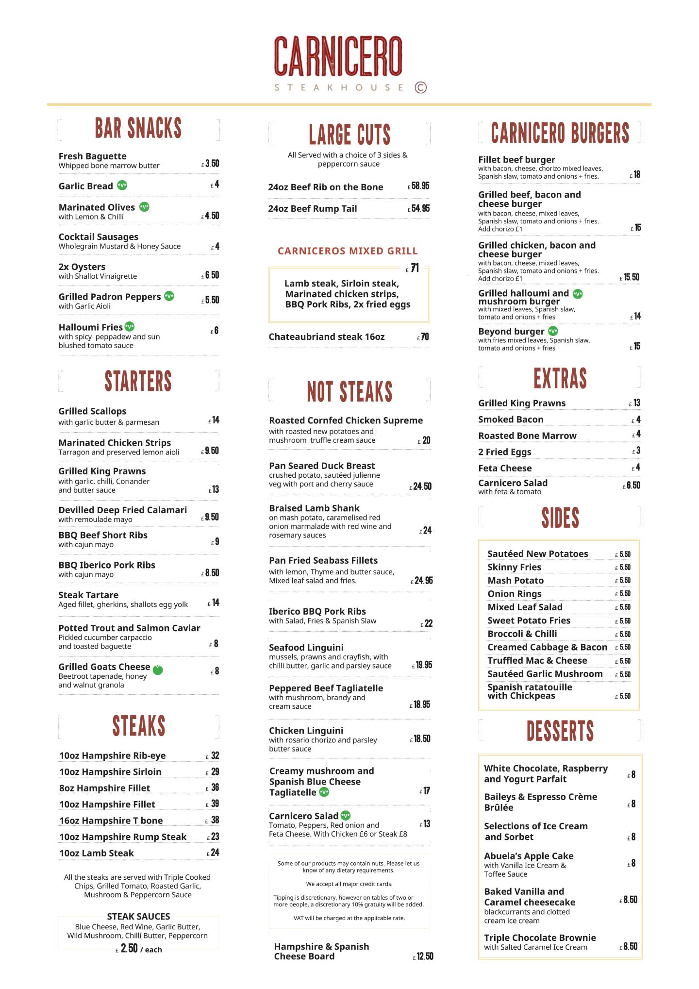 Carnicero New Year's day lunch menu 2024