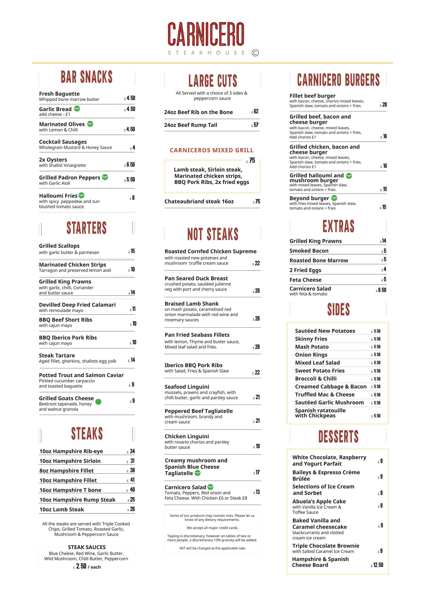 Carnicero A La Carte Menu
