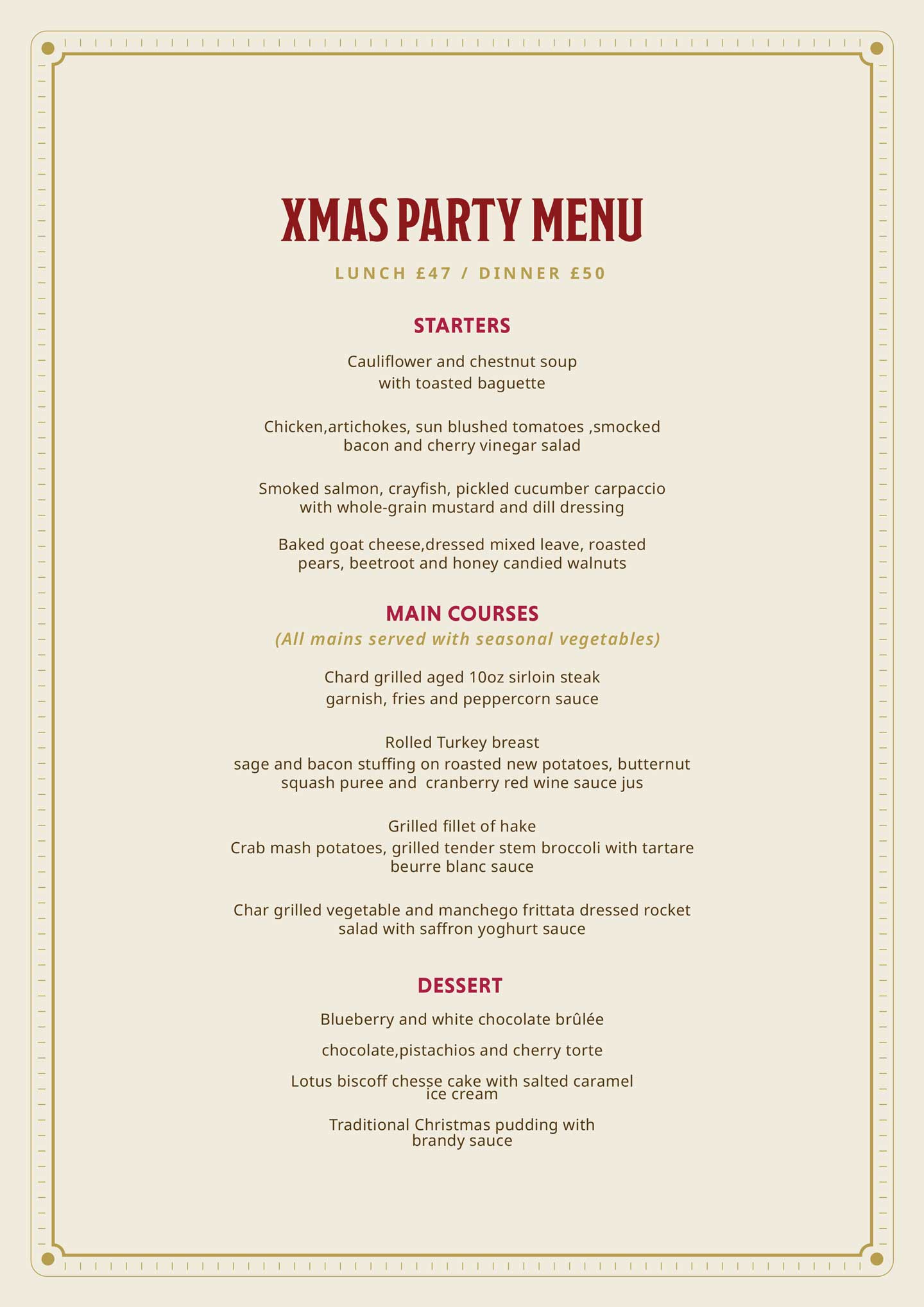 Carnicero Christmas day party menu 2025