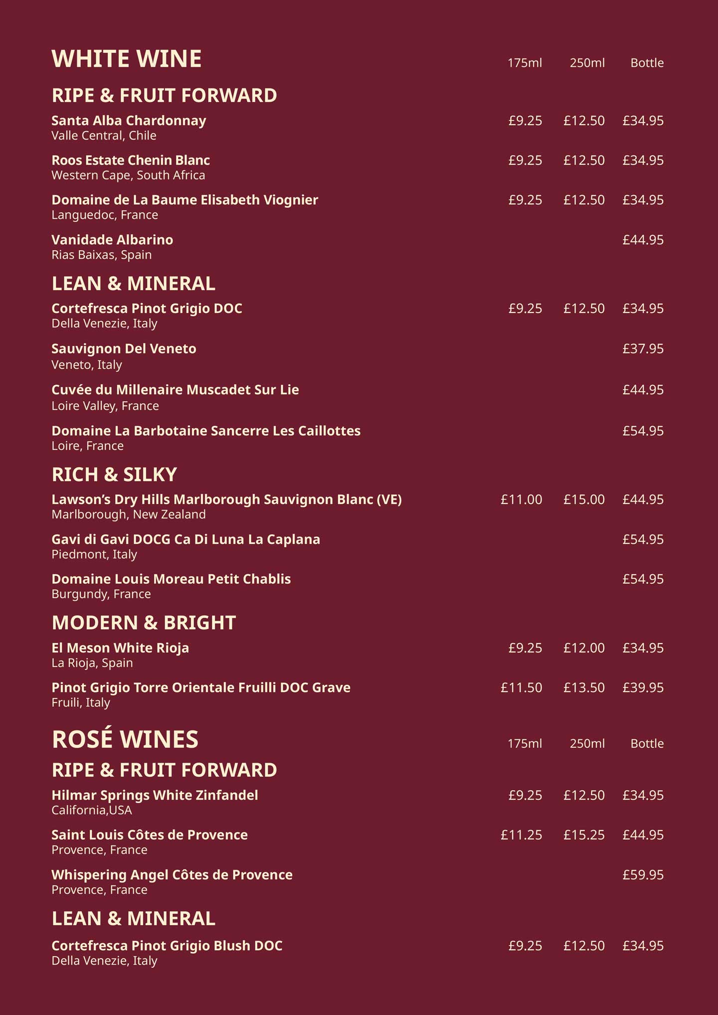 Carnicero drinks menu