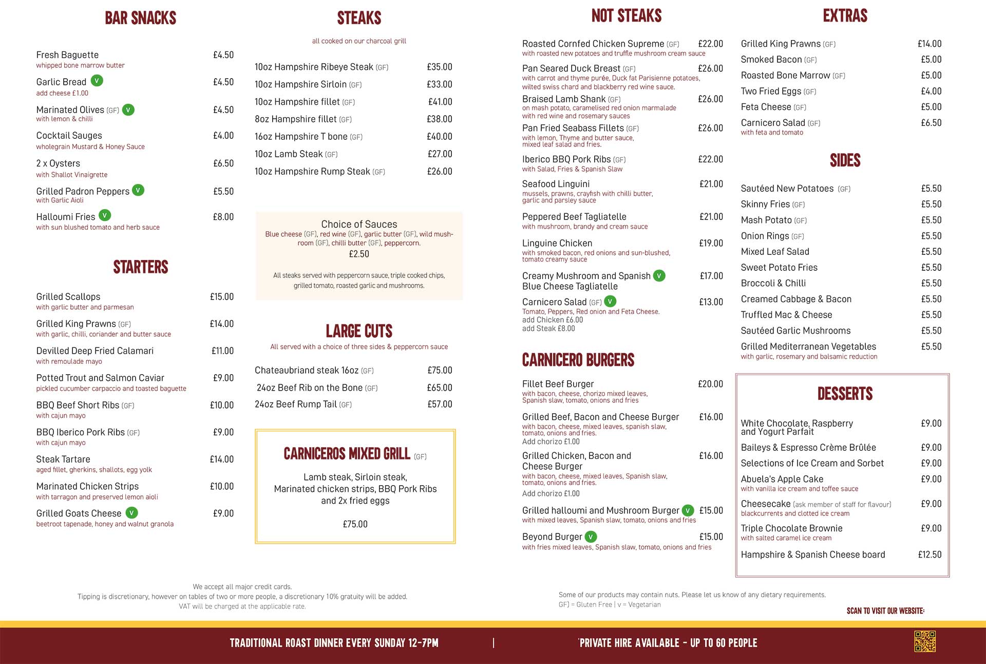 Carnicero 2026 A La Carte Menu