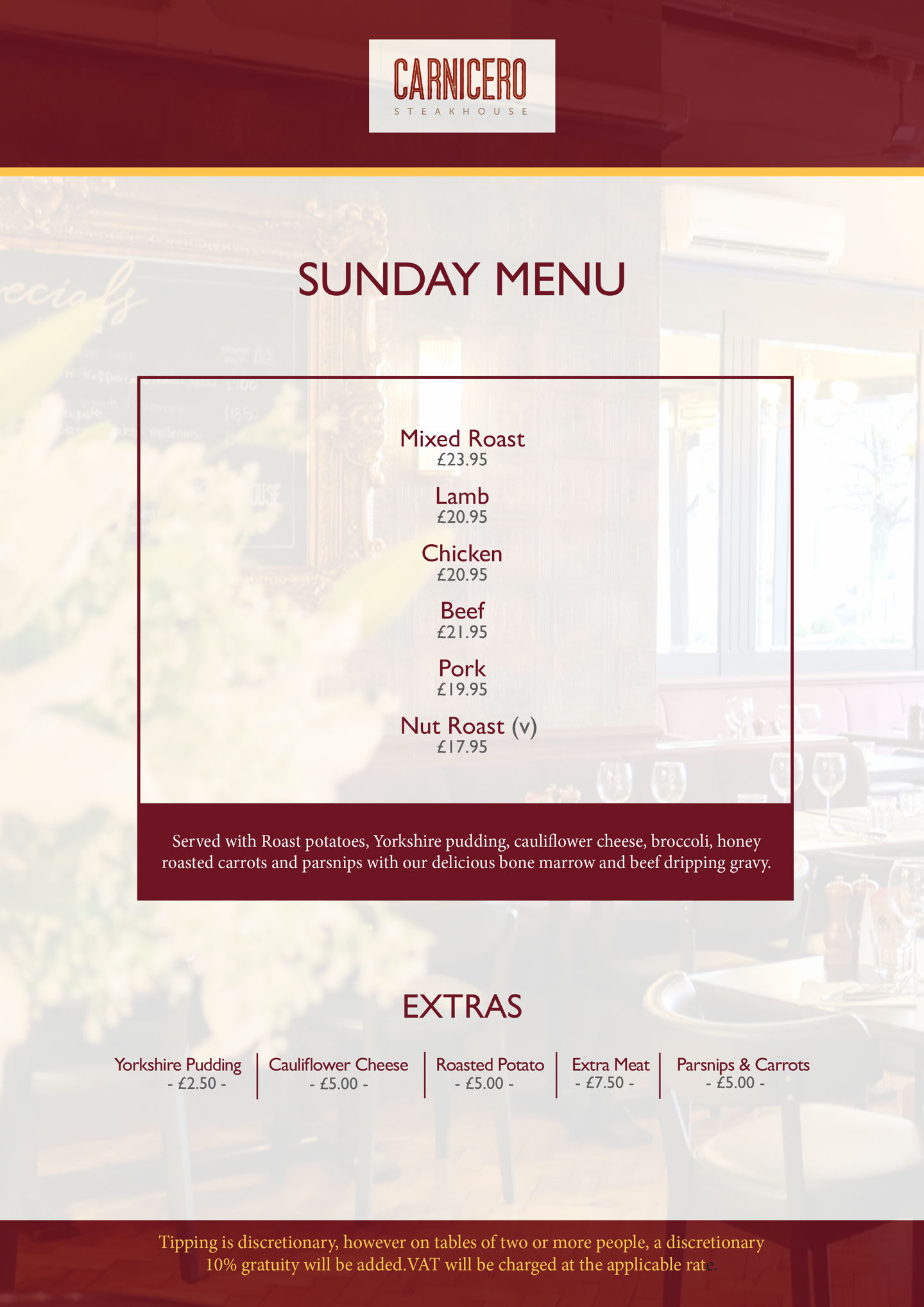 Carnicero Sunday Roast Menu